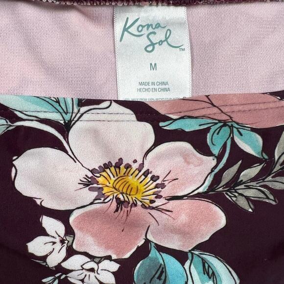 Kona Sol Burgundy Floral Bikini Two Piece Tie Hips Swim Suit Size M - Picture 8 of 10